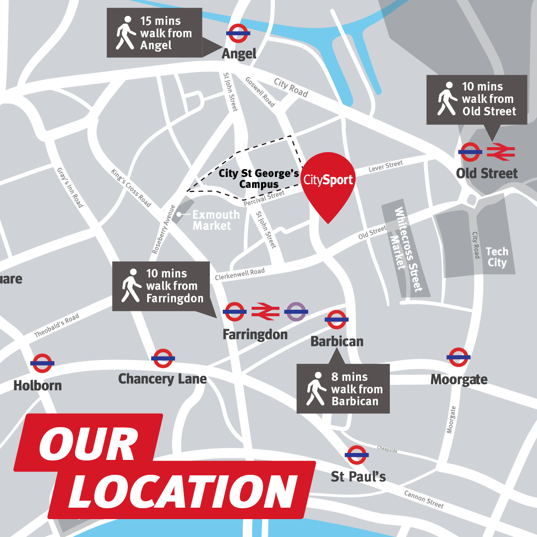 Map illustration showing CitySport location near London stations