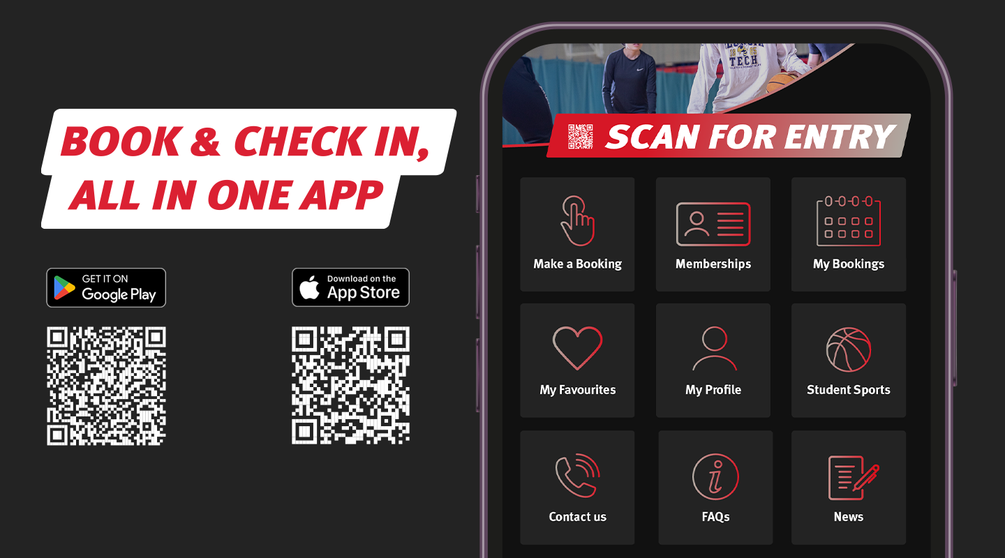 Gym app ad with 'Book & Check In, All in One App' text, showing phone screen of booking and entry features in the app.